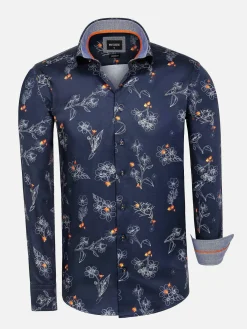 Wam Denim Baga Navy Floral Print Overhemd Longe Mouw| Overhemd Lange Mouwen